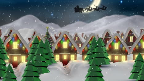 Animation-of-snow-falling-on-santa-claus-in-sleigh-pulled-by-reindeers-over-winter-landscape