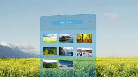 Animation-of-interface-with-nature-locations-text-over-landscape-with-mountains-and-field