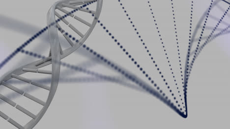 Animation-Von-Partikeln,-Die-Eine-DNA-Struktur-Bilden,-Und-Violettem-Licht-Vor-Grauem-Hintergrund