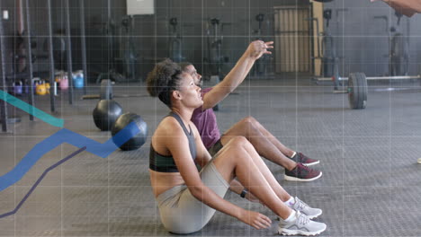 Animation-of-graph-processing-over-diverse-man-and-woman-cross-training-with-medicine-balls-at-gym