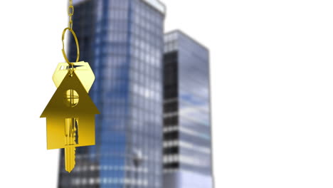 Animation-of-key-in-house-keychain-over-modern-buildings-against-white-background
