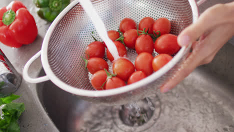 Video-of-hands-of-caucasian-woman-with-colander-washing-tomatoes