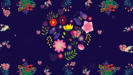 Animation-Von-Blumen,-Die-Sich-über-Blumenherzen-Auf-Blauem-Hintergrund-Bewegen