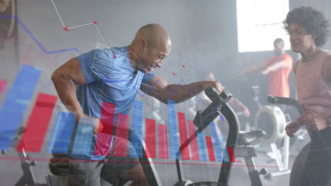 Animation-of-graph-processing-data-over-diverse-female-trainer-and-man-on-elliptical-at-gym