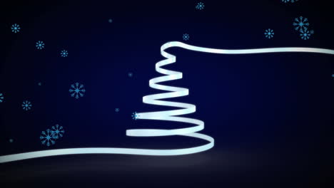Animation-of-snowflakes-falling-over-ribbon-forming-a-christmas-tree-against-blue-background
