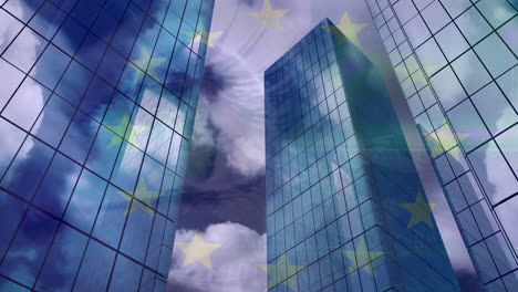 Animación-De-La-Bandera-De-La-Unión-Europea-Sobre-Edificios-De-Oficinas.