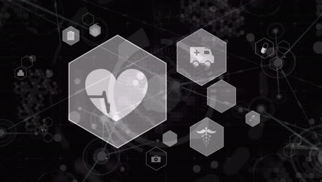 Animation-Mehrerer-Medizinischer-Symbole-Und-Eines-Verbindungsnetzwerks-Vor-Schwarzem-Hintergrund