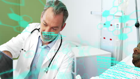 Animation-of-data-processing-over-diverse-male-doctor-wth-tablet-discussing-with-male-patient