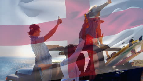 Composite-video-of-waving-england-flag-over-group-of-diverse-friends-toasting-beers-in-the-car
