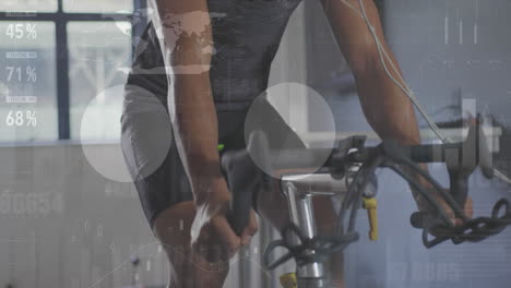 Animation-of-statistical-data-processing-over-biracial-fit-man-training-on-exercise-bike-at-the-gym