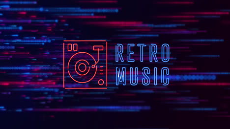 Animation-of-retro-music-text-with-music-mixer-over-abstract-pattern-against-black-background