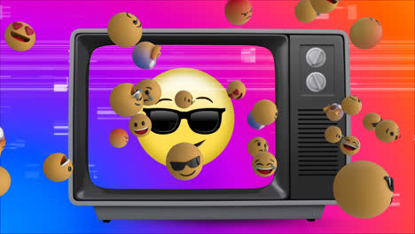 Animation-of-emoticons-over-vintage-tv-on-colorful-background