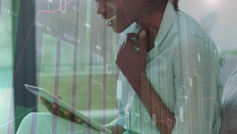 Animation-of-statistical-data-processing-over-african-american-woman-using-digital-tablet-at-office