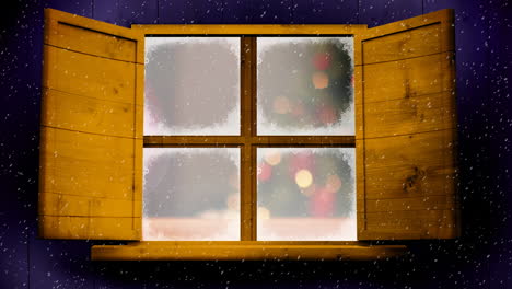 Animation-Von-Schnee,-Der-über-Ein-Fenster-Mit-Weihnachtsbaum-Fällt