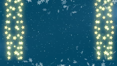 Animation-of-snowflakes-falling-over-star-shaped-fairy-lights-on-blue-background-with-copy-space