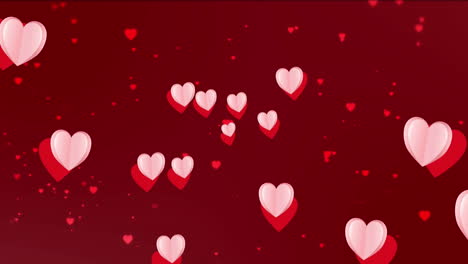 Animation-of-white-and-red-heart-icons-moving-over-red-background