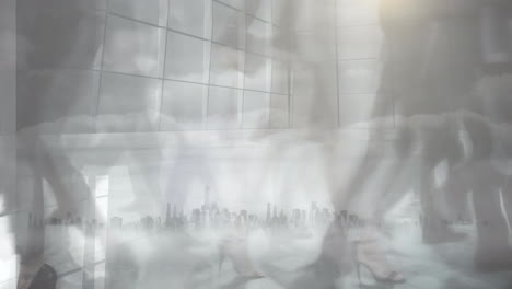 Composite-video-of-time-lapse-of-people-walking-at-office-against-aerial-view-of-cityscape