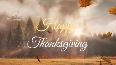 Animation-of-happy-thanksgiving-text-banner-over-maple-leaves-falling-against-forest