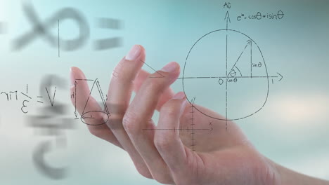 Animation-of-mathematical-equations-floating-over-close-up-of-a-hand-against-gradient-background