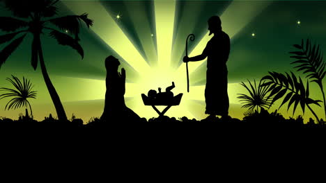 Animation-of-silhouette-of-nativity-scene-over-green-shooting-star-on-green-background