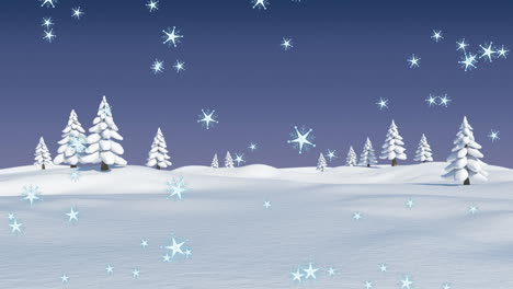 Animation-of-snowflakes-falling-over-trees-on-winter-landscape-against-blue-background
