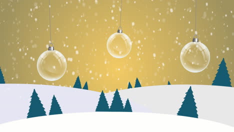 Animation-Von-Schnee,-Der-über-Hängende-Christbaumkugeln-Vor-Einer-Winterlandschaft-Fällt