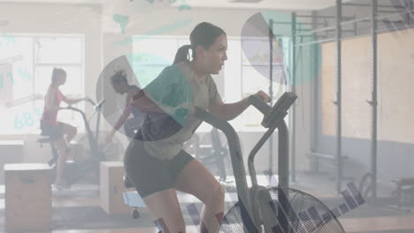 Animation-of-data-processing-on-interface-over-caucasian-woman-cross-training-on-elliptical-at-gym