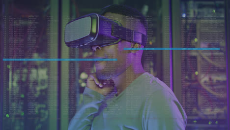 Animation-of-data-processing-over-african-american-male-worker-with-vr-headset-in-server-room