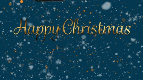 Animation-of-snowflakes-falling-and-yellow-spots-over-happy-christmas-text-on-blue-background