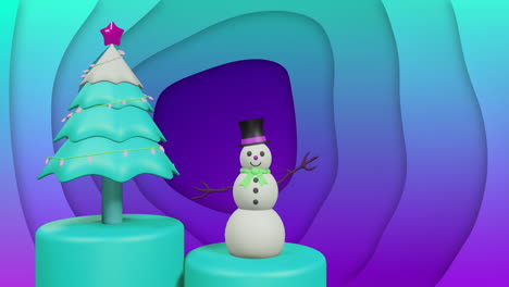 Christmas-tree-and-waving-snow-man-on-rotating-podium-over-blue-and-purple-background