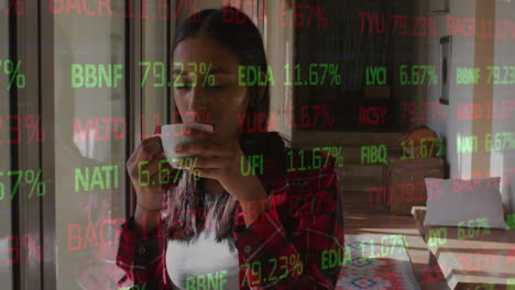 Animation-of-stock-market-data-processing-against-biracial-woman-drinking-coffee-at-home