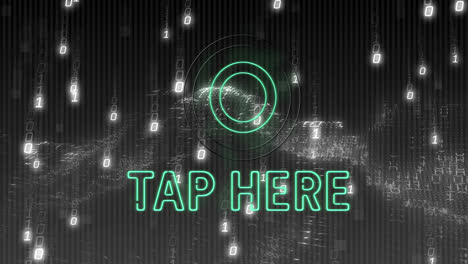 Animation-of-tap-here-text-and-shapes-over-black-background