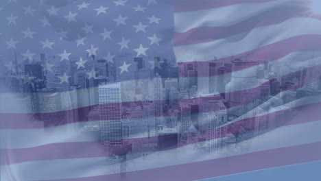 Animation-Einer-Wehenden-US-Flagge-Vor-Einem-3D-Stadtmodell