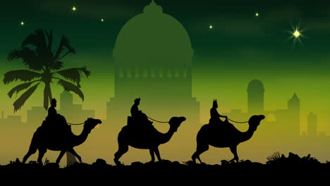 Animation-of-silhouette-of-three-wise-men-over-city-on-green-background
