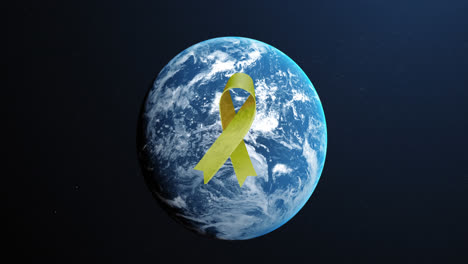 Animation-of-yellow-ribbon-over-globe-on-blue-background
