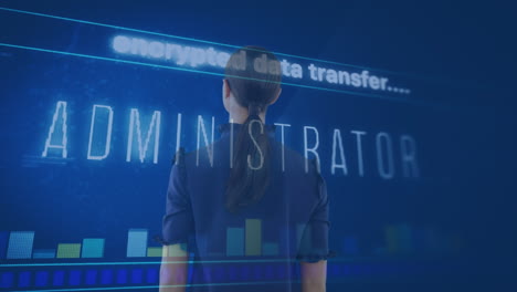 Animation-of-interface-with-data-processing-over-rear-view-of-businesswoman-against-blue-background