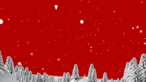 Animation-Von-Schnee,-Der-über-Eine-Winterlandschaft-Vor-Rotem-Hintergrund-Mit-Kopierraum-Fällt