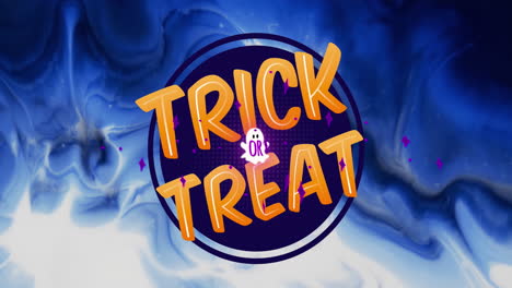 Animation-of-trick-or-treat-text-and-ghost-over-blue-smoke-background