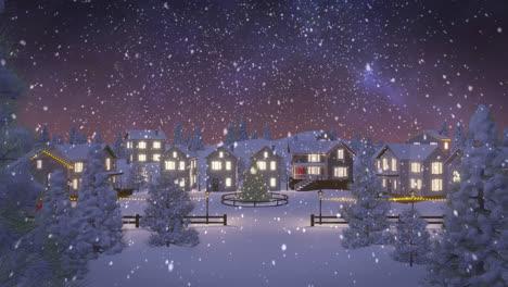 Animation-of-snow-falling-over-lit-houses-in-winter-scenery