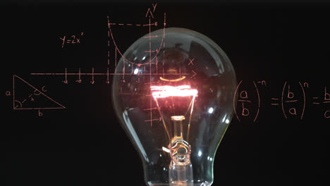 Animation-of-bulb-illuminating-over-math-formulas-on-black-background