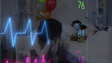 Animation-of-heart-rate-monitor-over-stressed-african-american-mother-while-daughter-on-hospital-bed