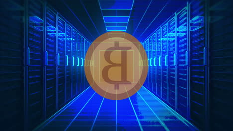 Animation-of-bitcoin-over-blue-digital-tunnel-with-servers