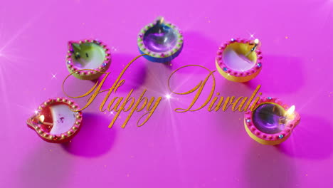 Animation-of-happy-diwali-text-over-candles-on-purple-background