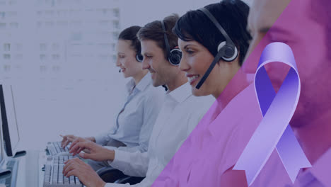Animation-of-violet-ribbon-over-diverse-call-center-workers