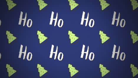 Animation-of-ho-ho-text-banners-and-christmas-tree-icons-in-seamless-pattern-against-blue-background