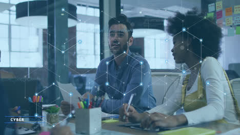 Animation-of-connected-dots-forming-hexagons-over-diverse-man-discussing-with-colleagues-in-meeting
