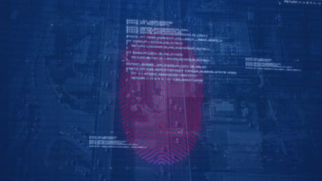Animation-of-biometric-fingerprint-scanner-and-data-processing-against-aerial-view-of-cityscape