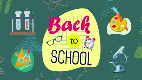 Animation-of-back-to-school-text-banner-over-science-concept-icons-against-green-background