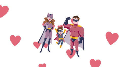 Animation-of-superhero-family-icons-and-hearts-on-white-background