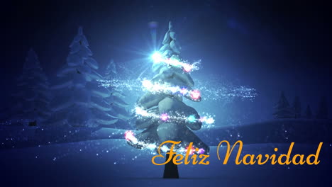 Animation-of-feliz-navidad-text-and-shooting-star-spinning-over-christmas-tree-on-winter-landscape